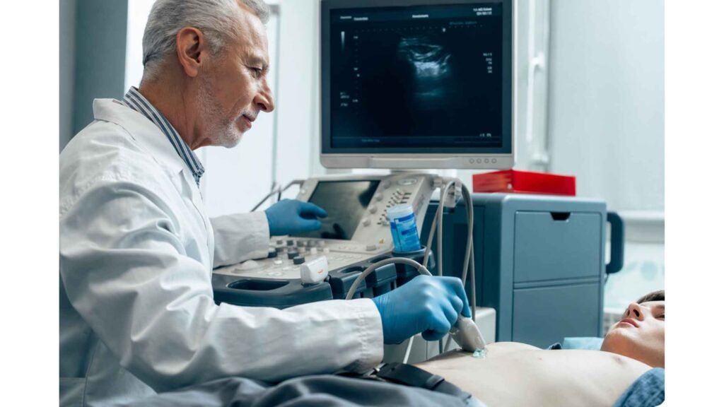 2D Echo Cardiogram Test in Thrissur showing a doctor performing a heart ultrasound scan using advanced medical equipment