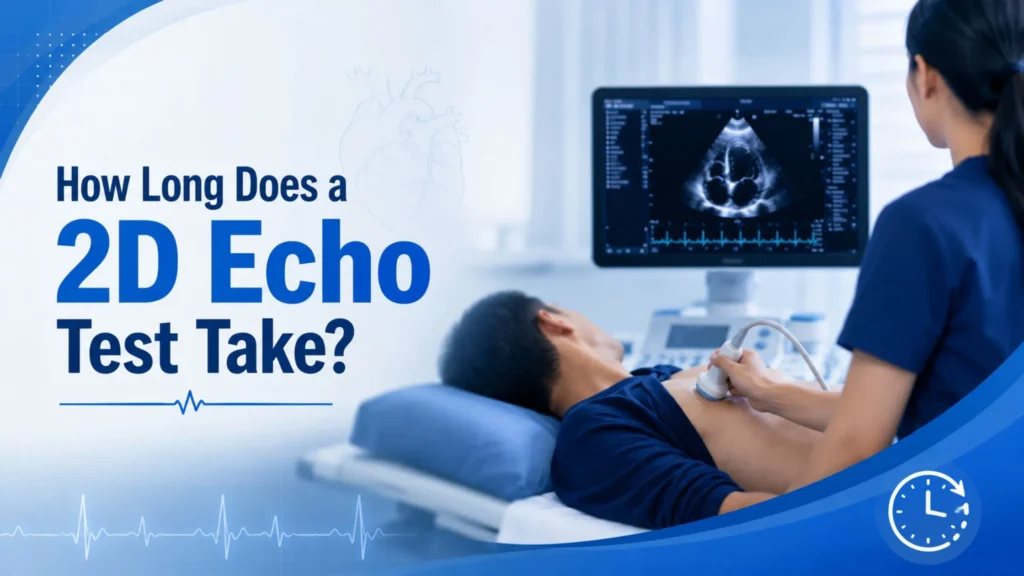 How Long Does a 2D Echo Test Take banner showing cardiac ultrasound procedure and heart scan monitor
