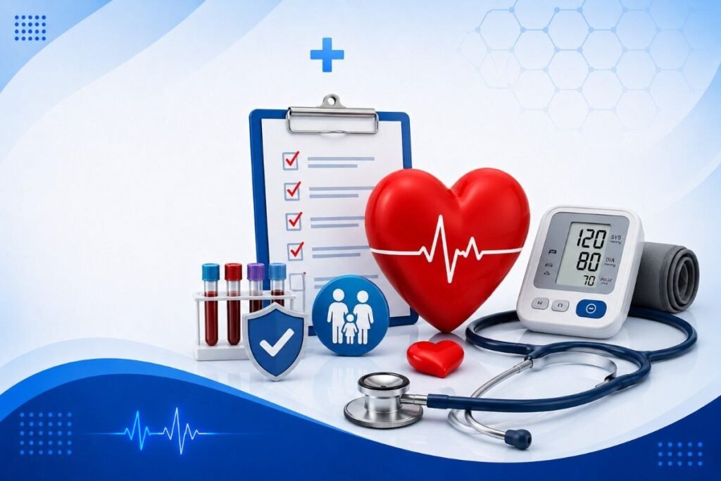 Who needs regular heart screening tests illustration showing a heart model, blood pressure monitor, blood sample tubes, checklist, shield icon, family symbol, and stethoscope for cardiovascular health assessment.