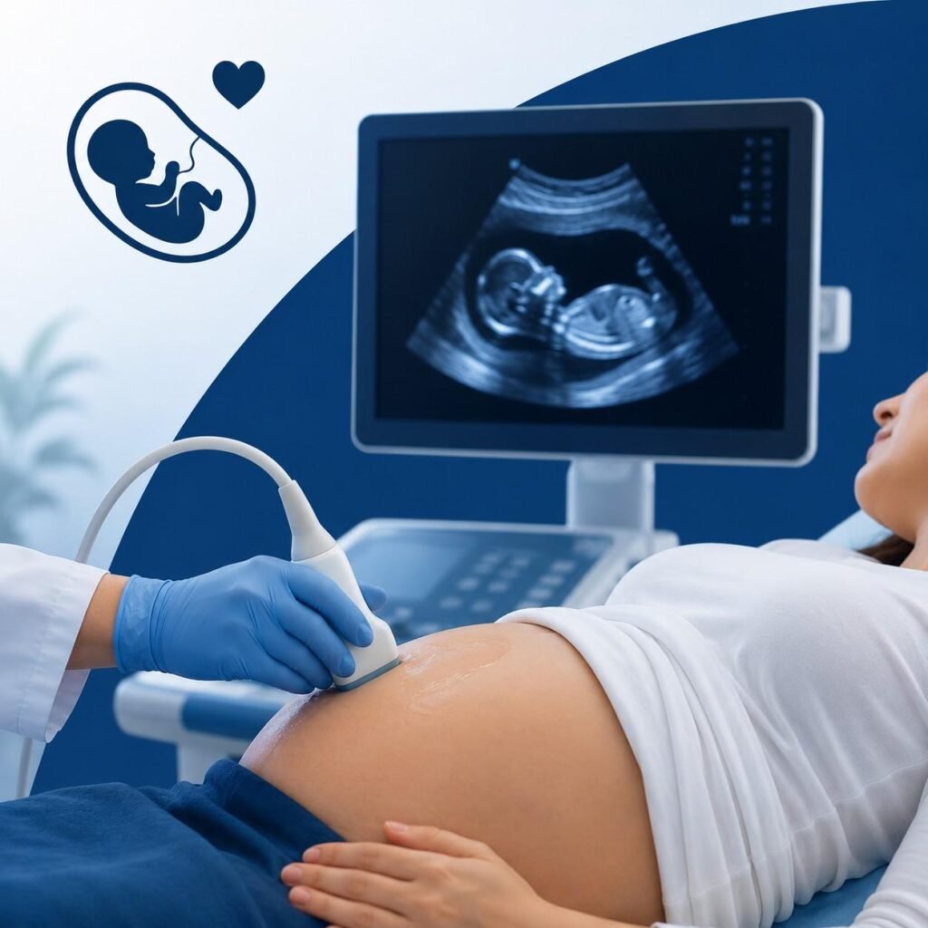 Pregnant woman undergoing a pregnancy ultrasound scan in Thrissur for fetal development monitoring, pregnancy assessment, and prenatal care.