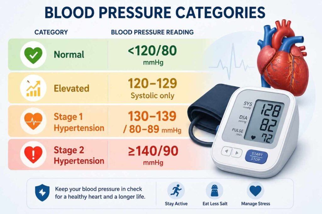 Blood pressure categories chart showing normal blood pressure, elevated blood pressure, Stage 1 hypertension, and Stage 2 hypertension with systolic and diastolic readings for cardiovascular risk assessment.