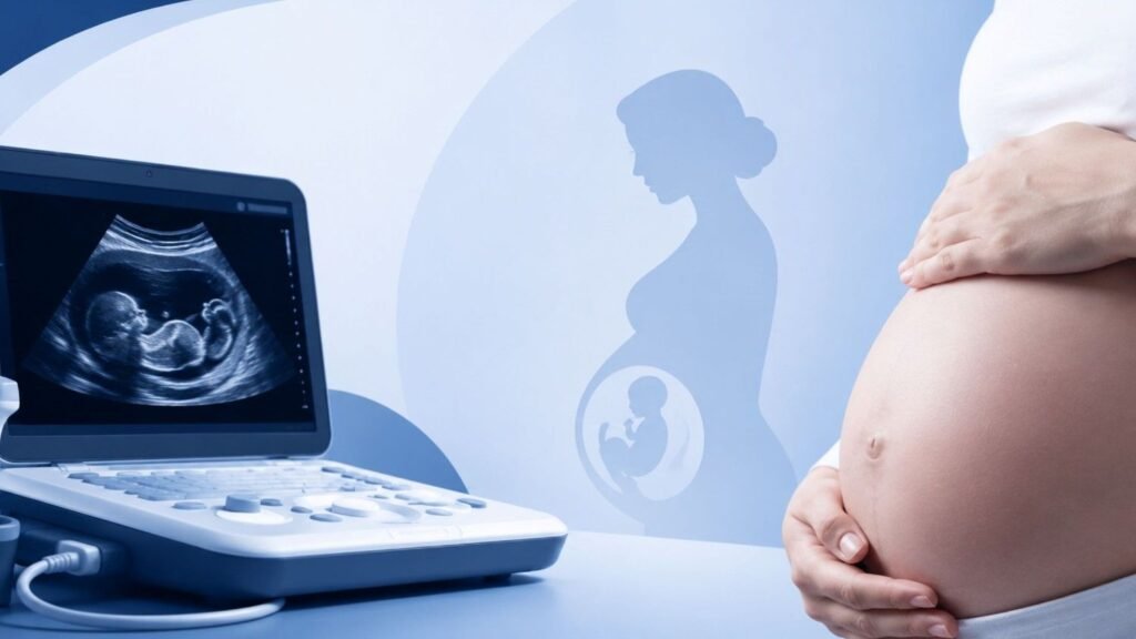 Pregnant woman undergoing a pregnancy ultrasound examination with fetal imaging displayed on an ultrasound monitor during prenatal care.
