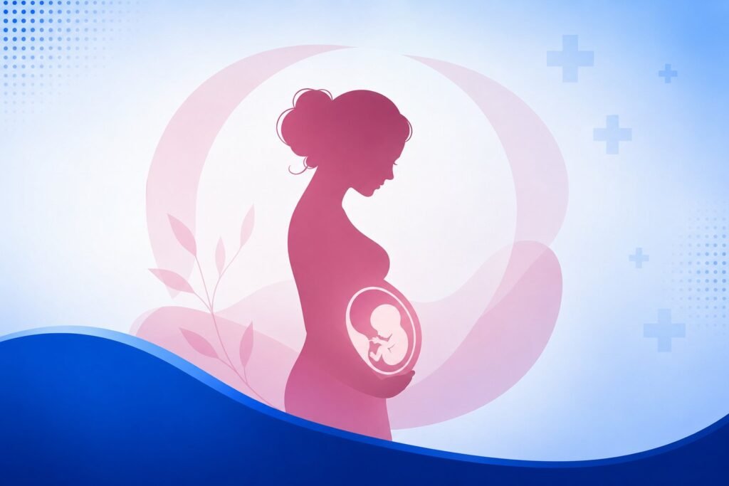 Early pregnancy scan illustration showing a pregnant woman and developing fetus with a medical-themed blue background in Thrissur.