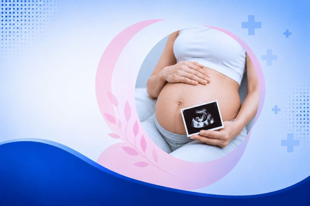 Pregnant woman holding an ultrasound scan image with a medical blue healthcare background representing an early pregnancy scan in Thrissur.