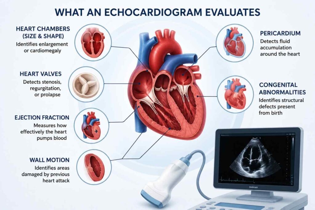 Echocardiogram evaluation infographic showing heart chambers, heart valves, ejection fraction, wall motion, pericardium, and congenital heart abnormalities assessed during a cardiac ultrasound test.