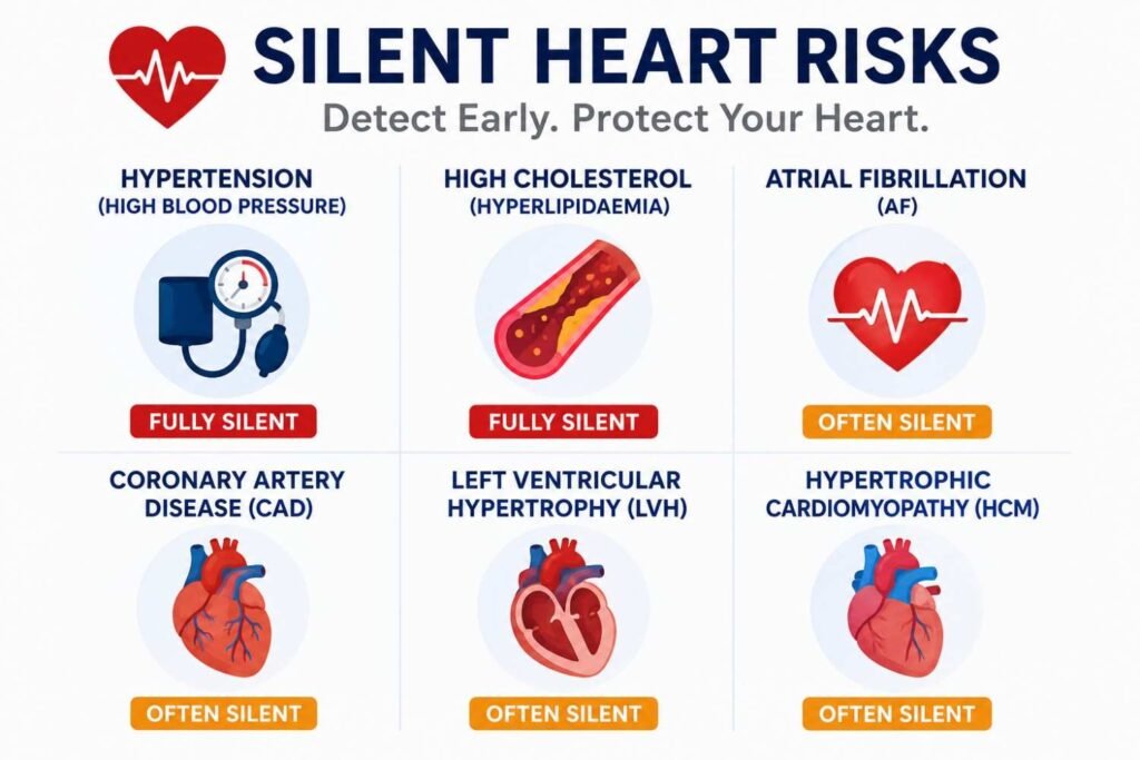 Silent heart risks infographic showing hypertension, high cholesterol, atrial fibrillation, coronary artery disease, left ventricular hypertrophy, and hypertrophic cardiomyopathy that may develop without symptoms.