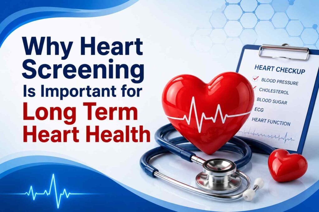 Why Heart Screening Is Important for Long Term Heart Health illustration featuring a heart model, stethoscope, and heart checkup checklist