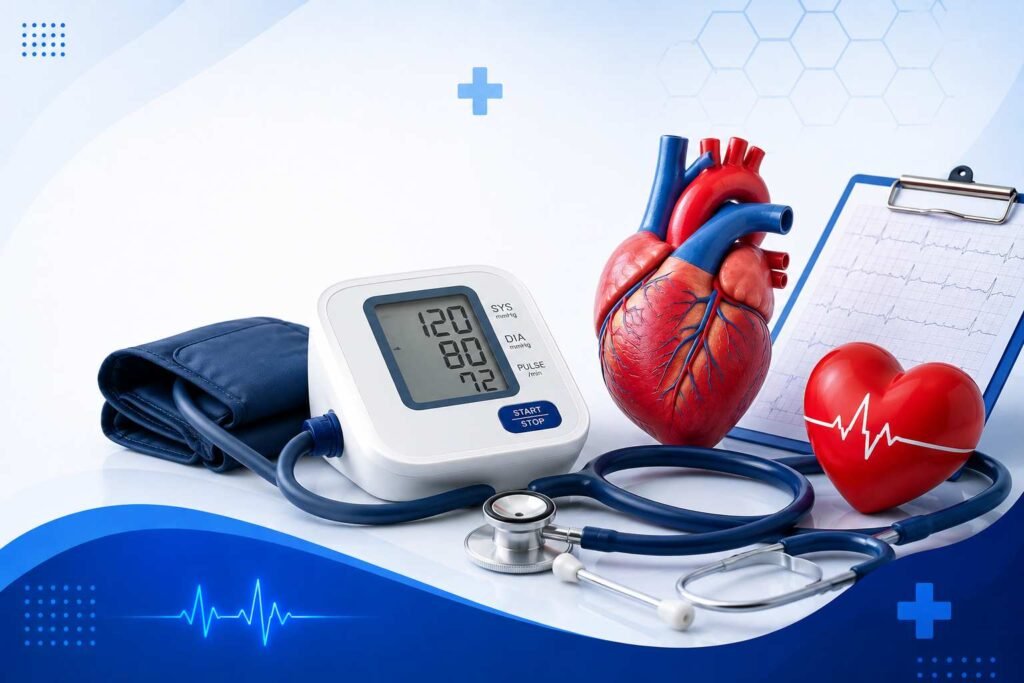 Heart screening for high blood pressure patients showing an anatomical heart model, blood pressure monitor, ECG chart, and stethoscope used for cardiovascular health assessment.