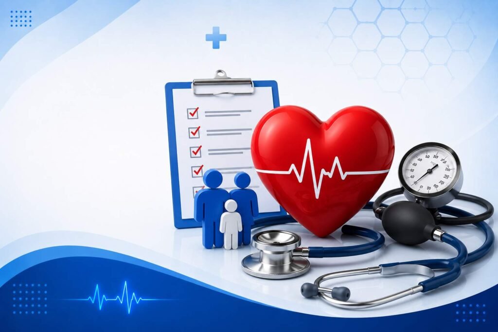 Why Heart Screening Is Important for Long Term Heart Health concept showing a heart model, stethoscope, blood pressure monitor, checklist, and family health symbols