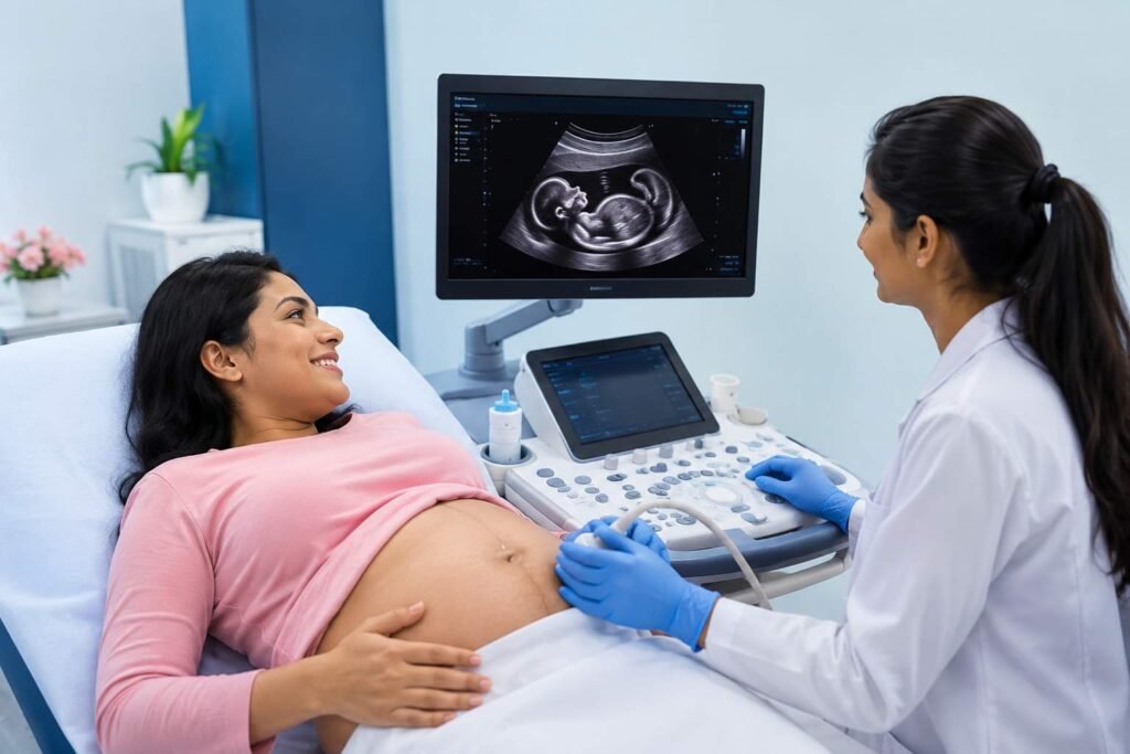 Pregnant woman undergoing an ultrasound scan while viewing fetal images on a monitor