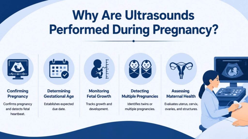 Infographic explaining why ultrasounds are performed during pregnancy, including pregnancy confirmation, fetal growth monitoring, gestational age assessment, twin detection, and maternal health evaluation.