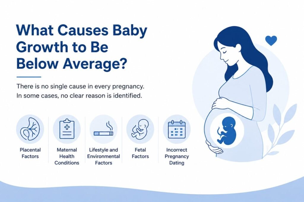 Minimal pregnancy healthcare infographic illustrating common factors that can contribute to below-average baby growth, including placental factors, maternal health conditions, lifestyle and environmental factors, fetal factors, and incorrect pregnancy dating. The design features a clean white background with soft blue accents and a simple pregnancy illustration.