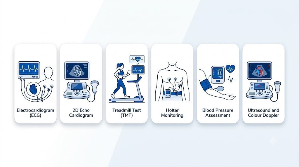 CARDIAC CHECKUP IN THRISSUR illustration featuring Electrocardiogram (ECG), 2D Echo Cardiogram, Treadmill Test (TMT), Holter Monitoring, Blood Pressure Assessment, and Ultrasound with Colour Doppler.