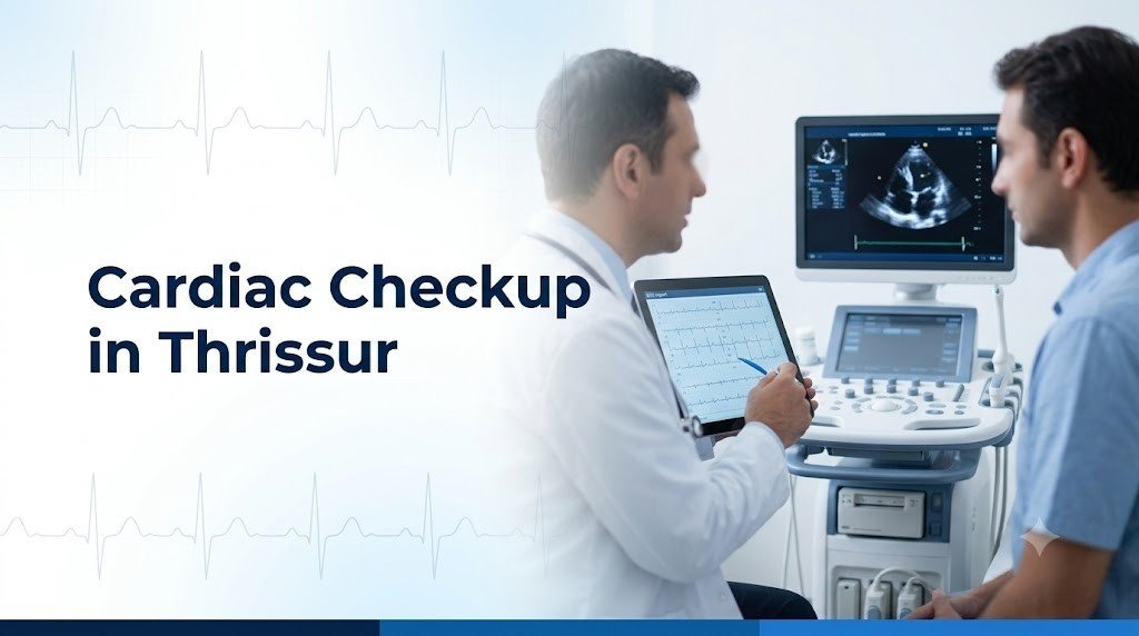 CARDIAC CHECKUP IN THRISSUR banner highlighting comprehensive heart screening services for early detection, preventive cardiac care, and overall heart health.