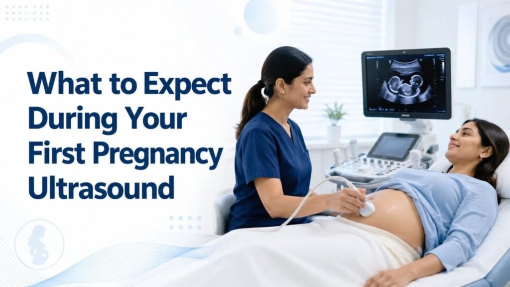 What to Expect During Your First Pregnancy Ultrasound illustrated by a pregnant woman undergoing her first pregnancy ultrasound with a sonographer monitoring fetal development on an ultrasound machine