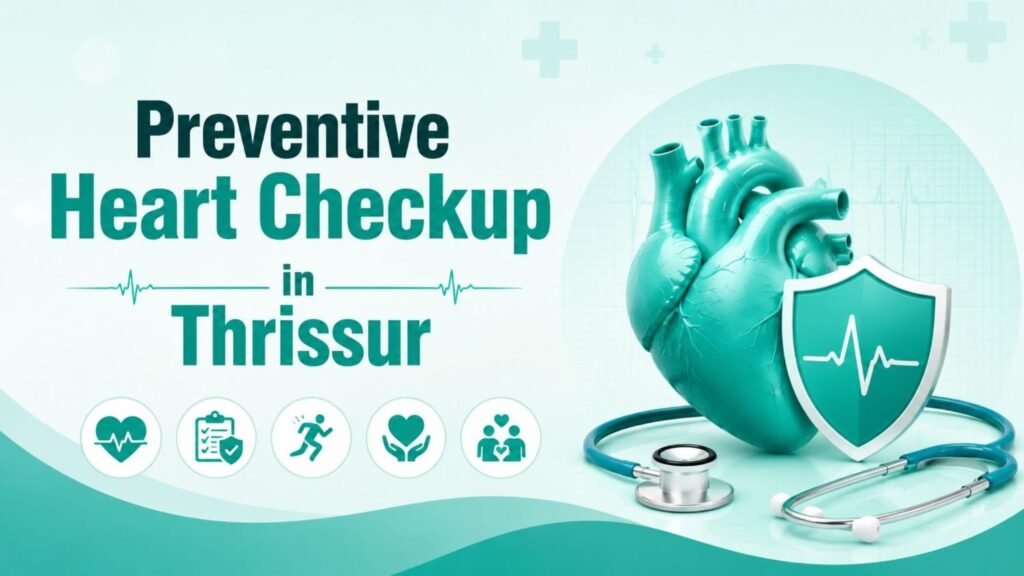Preventive Heart Checkup in Thrissur feature image illustrating preventive cardiac care with a heart model, protective shield, stethoscope, and health monitoring icons representing early heart disease detection and cardiovascular wellness.