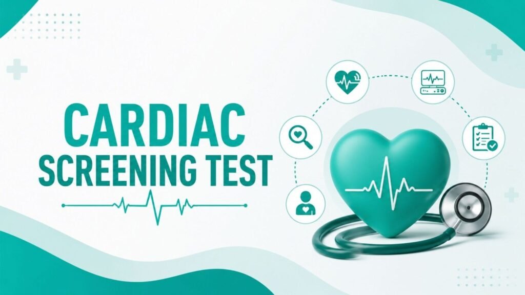 Cardiac Screening Test in Thrissur feature image illustrating preventive heart screening with a heart, ECG waveform, stethoscope, and diagnostic medical icons representing comprehensive cardiac evaluation.