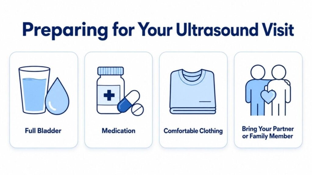 What to Expect During Your First Pregnancy Ultrasound infographic showing how to prepare for your ultrasound visit with full bladder, medication, comfortable clothing, and partner support