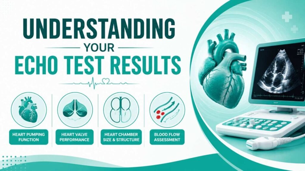 Echo Test in Thrissur infographic explaining how to understand echo test results, including heart pumping function, heart valve performance, heart chamber size and structure, and blood flow assessment.
